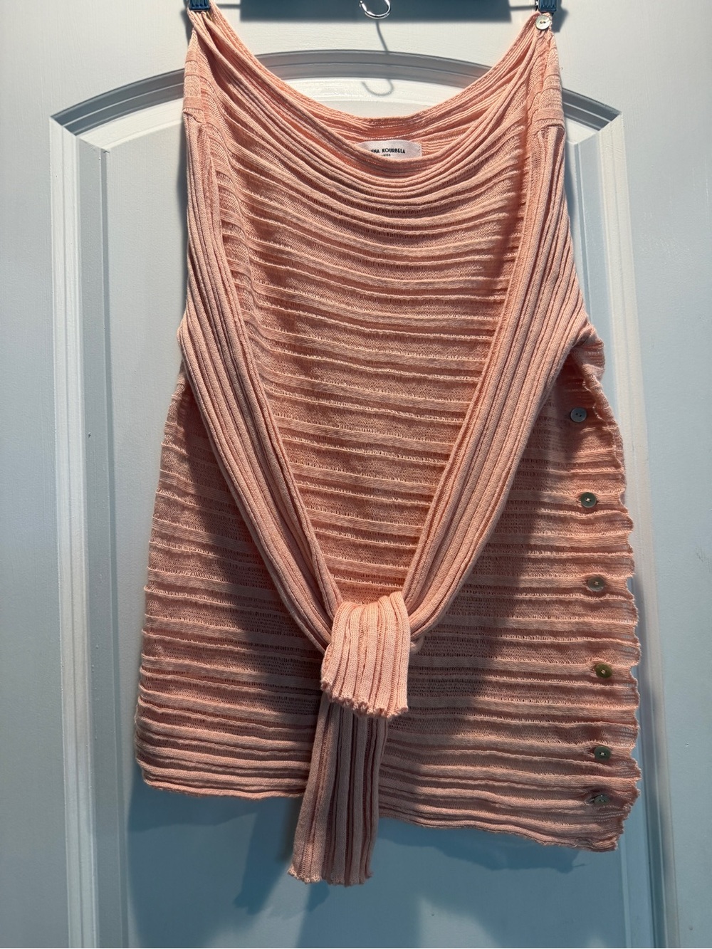 Ioanna Kourbela Draped Off-the-Shoulder Ribbed Sweater-Soft Peach luxurious feel